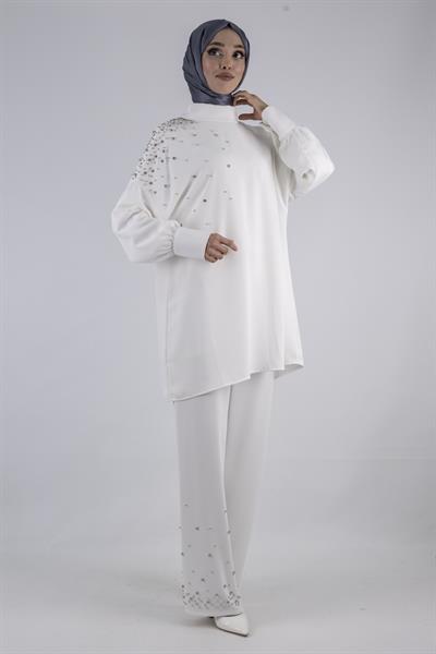 Taş Detaylı Pantolonlu Takım Ekru OTW1014