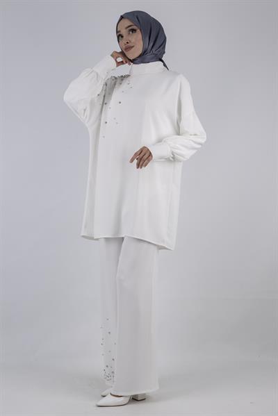 Taş Detaylı Pantolonlu Takım Ekru OTW1014