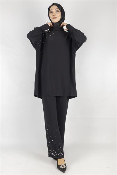 Taş Detaylı Pantolonlu Takım Siyah OTW1014