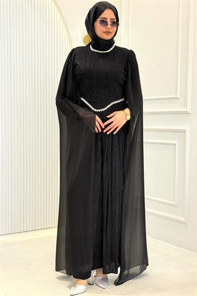 Taş Detaylı Pelerin Kol Abiye Elbise Siyah OTW4865