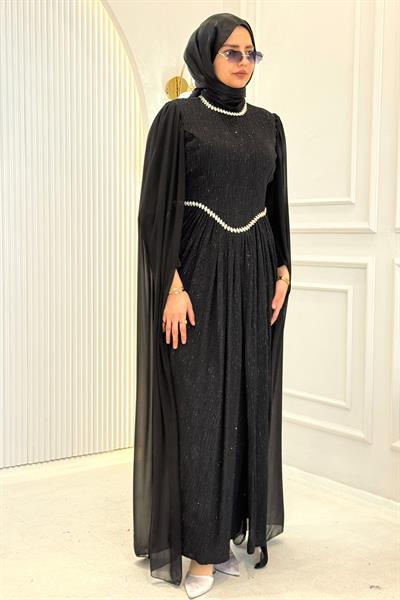 Taş Detaylı Pelerin Kol Abiye Elbise Siyah OTW4865