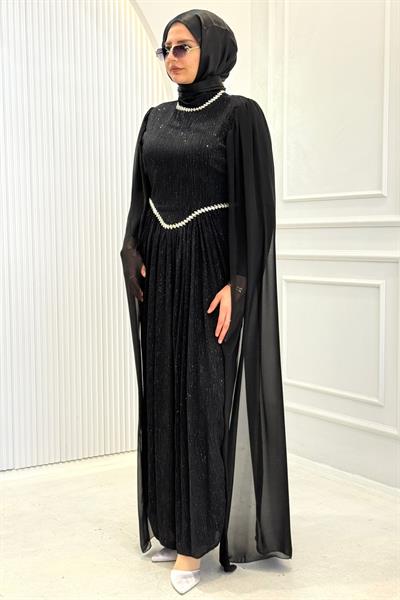 Taş Detaylı Pelerin Kol Abiye Elbise Siyah OTW4865