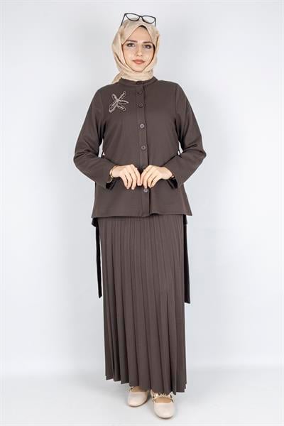Taş Detaylı Pliseli Tesettür Takım Kahve OTW25556