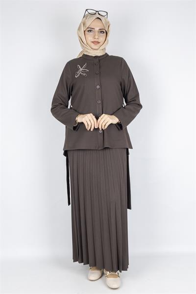 Taş Detaylı Pliseli Tesettür Takım Kahve OTW25556