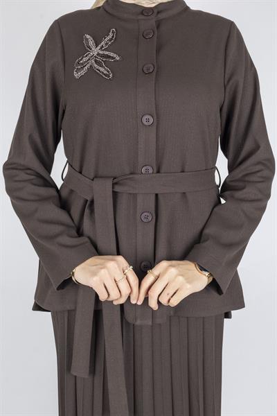 Taş Detaylı Pliseli Tesettür Takım Kahve OTW25556