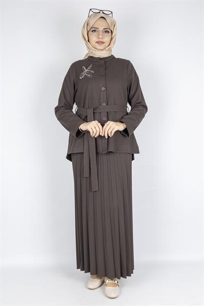 Taş Detaylı Pliseli Tesettür Takım Kahve OTW25556