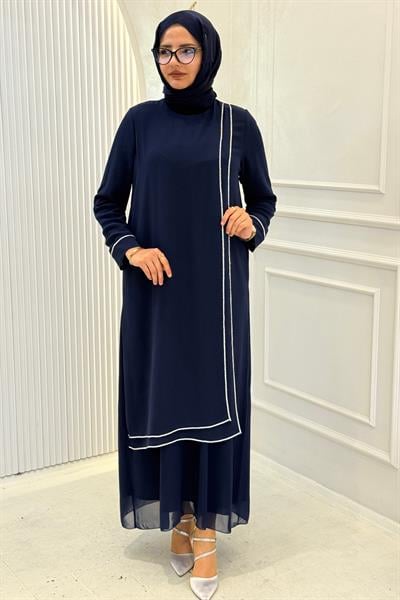 Taş Detaylı Şifon Abiye Elbise Lacivert OTW4874