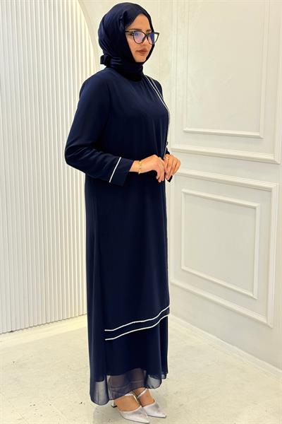 Taş Detaylı Şifon Abiye Elbise Lacivert OTW4874