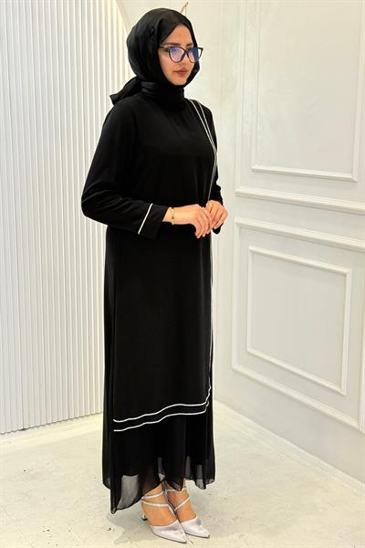 Taş Detaylı Şifon Abiye Elbise Siyah OTW4874