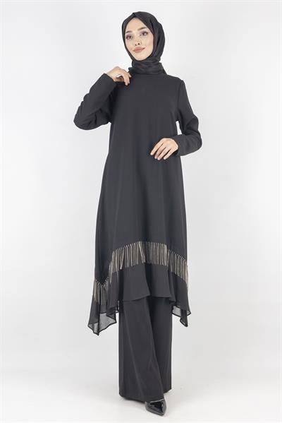 Taş Detaylı Şifon Etek Uçlu Siyah Takım Siyah OTW6737