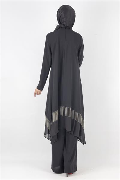 Taş Detaylı Şifon Etek Uçlu Siyah Takım Siyah OTW6737