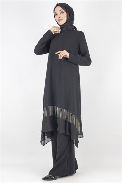 Taş Detaylı Şifon Etek Uçlu Siyah Takım Siyah OTW6737