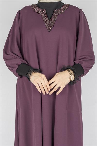 Taş Detaylı Şık Tesettür Tunik Mürdüm OTW2874