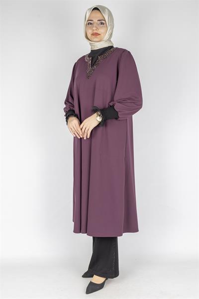 Taş Detaylı Şık Tesettür Tunik Mürdüm OTW2874