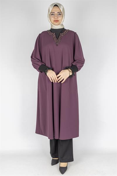Taş Detaylı Şık Tesettür Tunik Mürdüm OTW2874