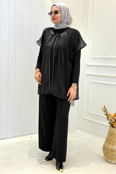 Taş Detaylı Üçlü Tunik Pantolon Takım Siyah OTW8612