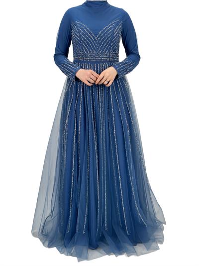 Taş İşlemeli Abiye Elbise İndigo OTW4615