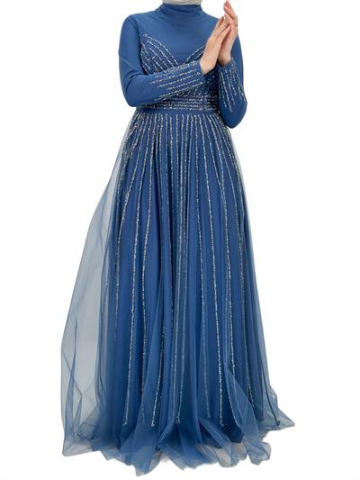 Taş İşlemeli Abiye Elbise İndigo OTW4615