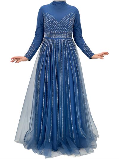 Taş İşlemeli Abiye Elbise İndigo OTW4615