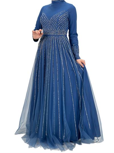 Taş İşlemeli Abiye Elbise İndigo OTW4615