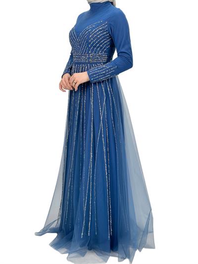 Taş İşlemeli Abiye Elbise İndigo OTW4615