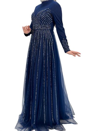 Taş İşlemeli Abiye Elbise Lacivert OTW4615