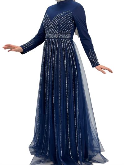 Taş İşlemeli Abiye Elbise Lacivert OTW4615