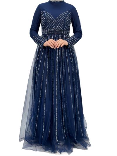 Taş İşlemeli Abiye Elbise Lacivert OTW4615