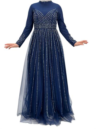 Taş İşlemeli Abiye Elbise Lacivert OTW4615