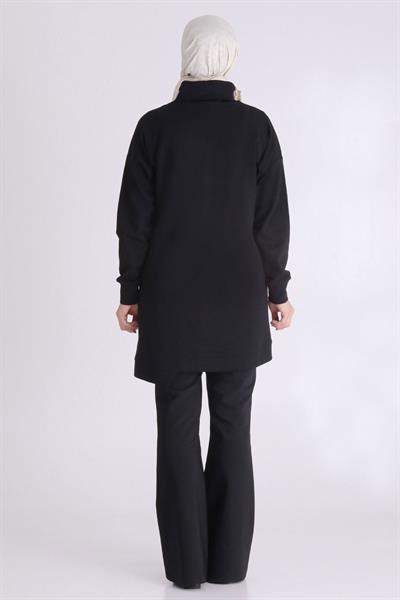 Taş İşlemeli Asimetrik Fermuar Detaylı Büyük Beden Tesettür Tunik Siyah OTW20127