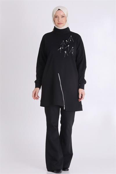 Taş İşlemeli Asimetrik Fermuar Detaylı Büyük Beden Tesettür Tunik Siyah OTW20127