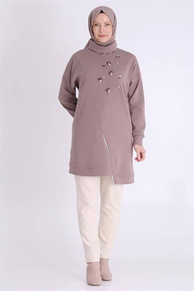 Taş İşlemeli Asimetrik Fermuar Detaylı Büyük Beden Tesettür Tunik Kestane OTW20127