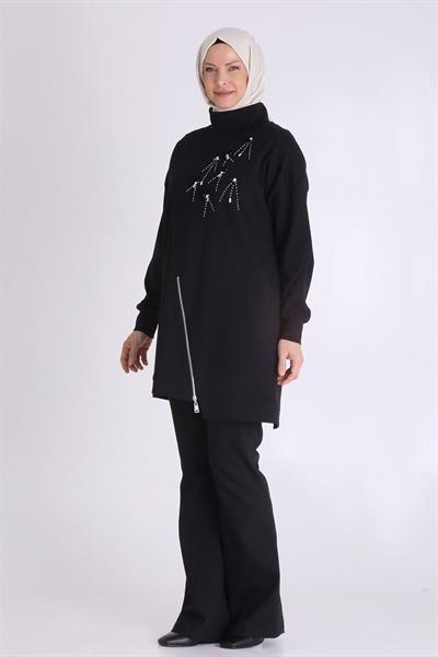 Taş İşlemeli Asimetrik Fermuar Detaylı Büyük Beden Tesettür Tunik Siyah OTW20127
