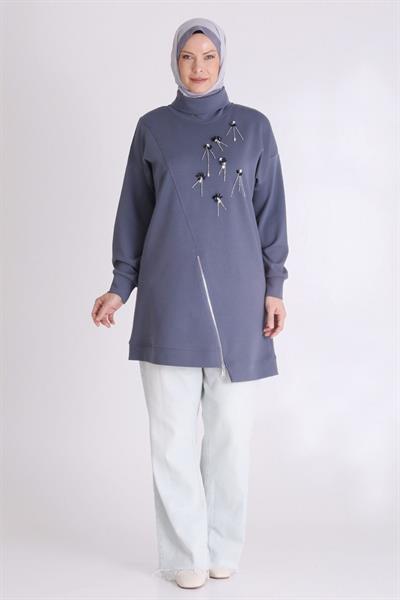 Taş İşlemeli Asimetrik Fermuar Detaylı Büyük Beden Tesettür Tunik Duman Mavi OTW20127