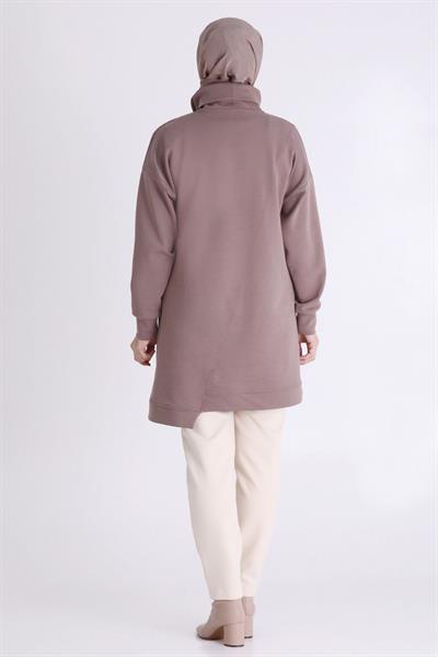 Taş İşlemeli Asimetrik Fermuar Detaylı Büyük Beden Tesettür Tunik Kestane OTW20127