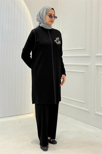 Taş İşlemeli Büyük Beden Oysho Kumaş Takım Siyah OTW304