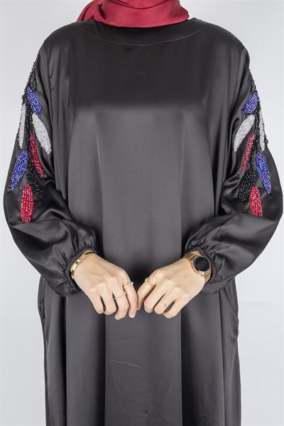 Taş İşlemeli Büyük Beden Saten Elbise Siyah OTW9829