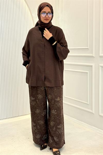 Taş İşlemeli Büyük Beden Tesettür Takım Kahve OTW9617