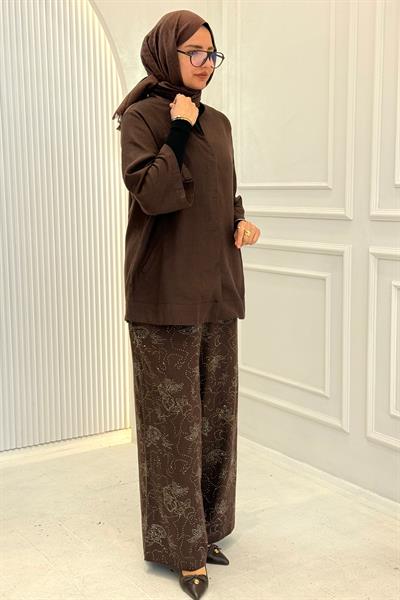 Taş İşlemeli Büyük Beden Tesettür Takım Kahve OTW9617