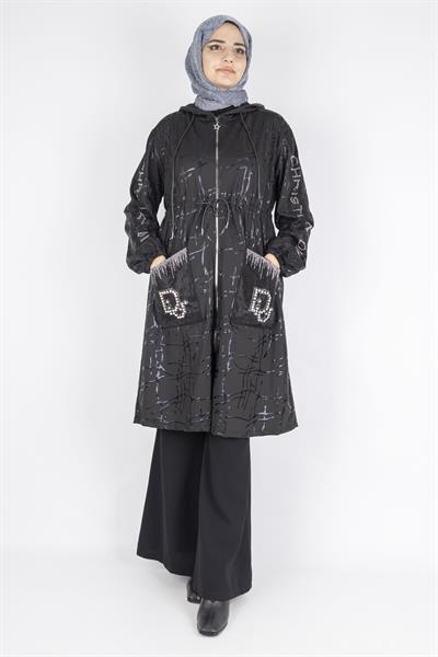Taş İşlemeli Cepli Fermuarlı Tesettür Kap Siyah OTW1005