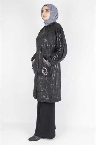 Taş İşlemeli Cepli Fermuarlı Tesettür Kap Siyah OTW1005