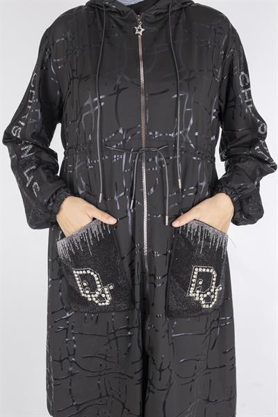 Taş İşlemeli Cepli Fermuarlı Tesettür Kap Siyah OTW1005