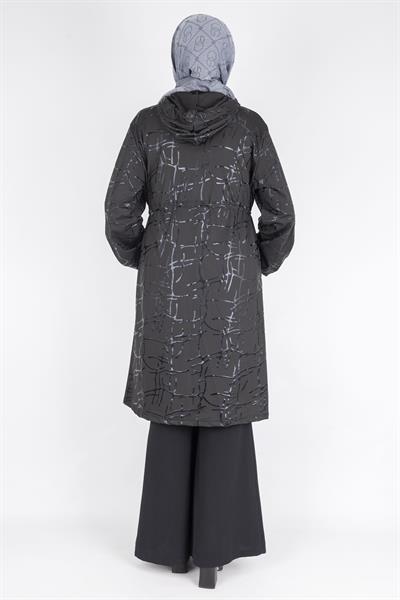 Taş İşlemeli Cepli Fermuarlı Tesettür Kap Siyah OTW1005