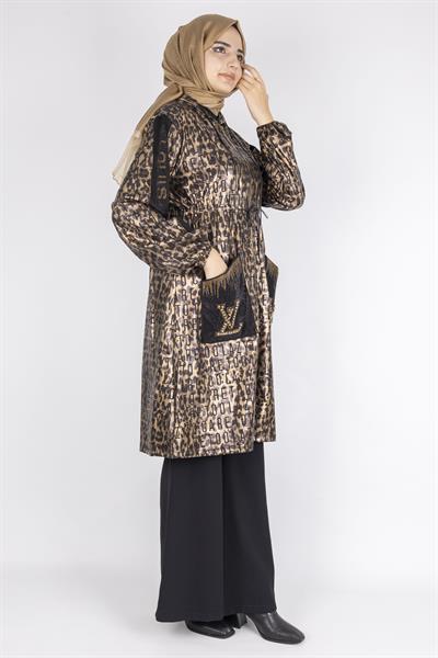 Taş İşlemeli Cepli Leopar Baskı Fermuarlı Kap Leopar OTW1001