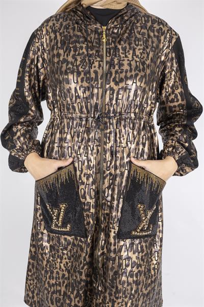 Taş İşlemeli Cepli Leopar Baskı Fermuarlı Kap Leopar OTW1001