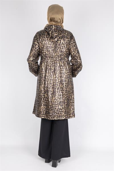 Taş İşlemeli Cepli Leopar Baskı Fermuarlı Kap Leopar OTW1001