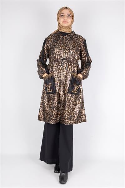 Taş İşlemeli Cepli Leopar Baskı Fermuarlı Kap Leopar OTW1001