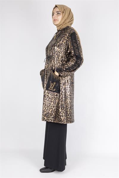 Taş İşlemeli Cepli Leopar Baskı Fermuarlı Kap Leopar OTW1001