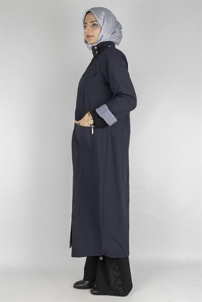 Taş İşlemeli Çıtçıtlı Büyük Beden Uzun Kap Lacivert OTW6065