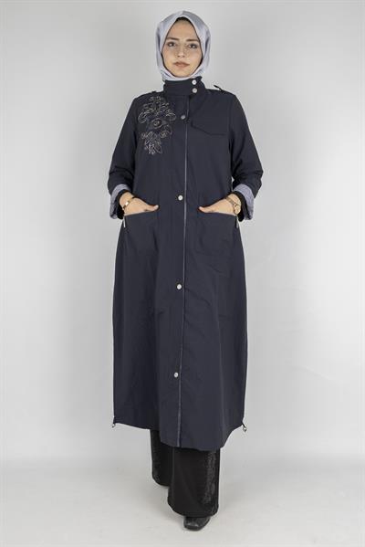 Taş İşlemeli Çıtçıtlı Büyük Beden Uzun Kap Lacivert OTW6065